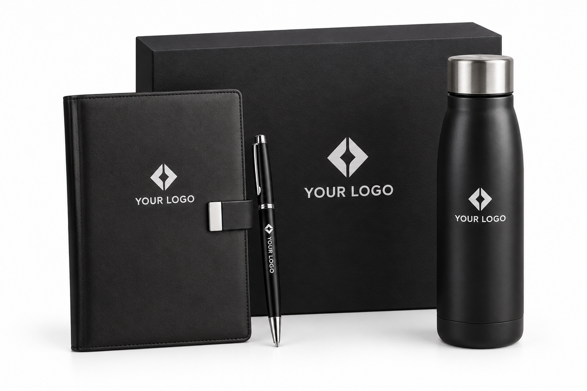 Corporate executive gift set with branded diary, metal pen and steel bottle in a gift box