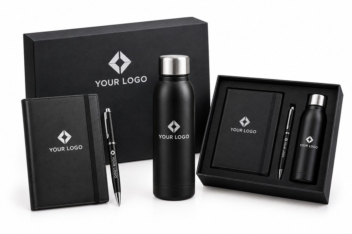 Branded employee welcome kit with t-shirt, bottle, notebook, pen and lapel pin in a gift box
