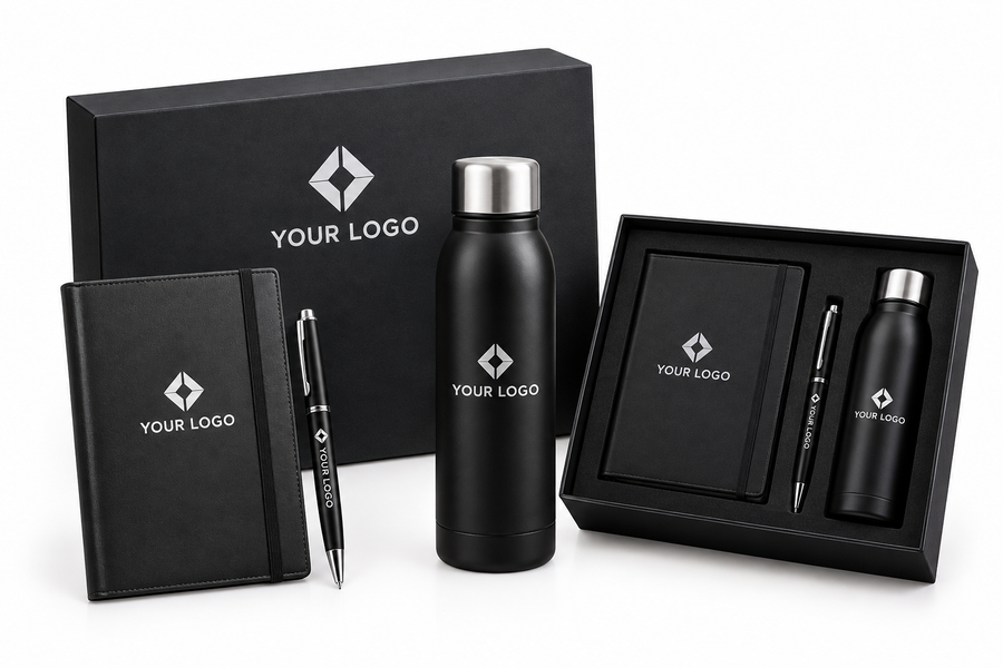 Branded employee welcome kit with t-shirt, bottle, notebook, pen and lapel pin in a gift box