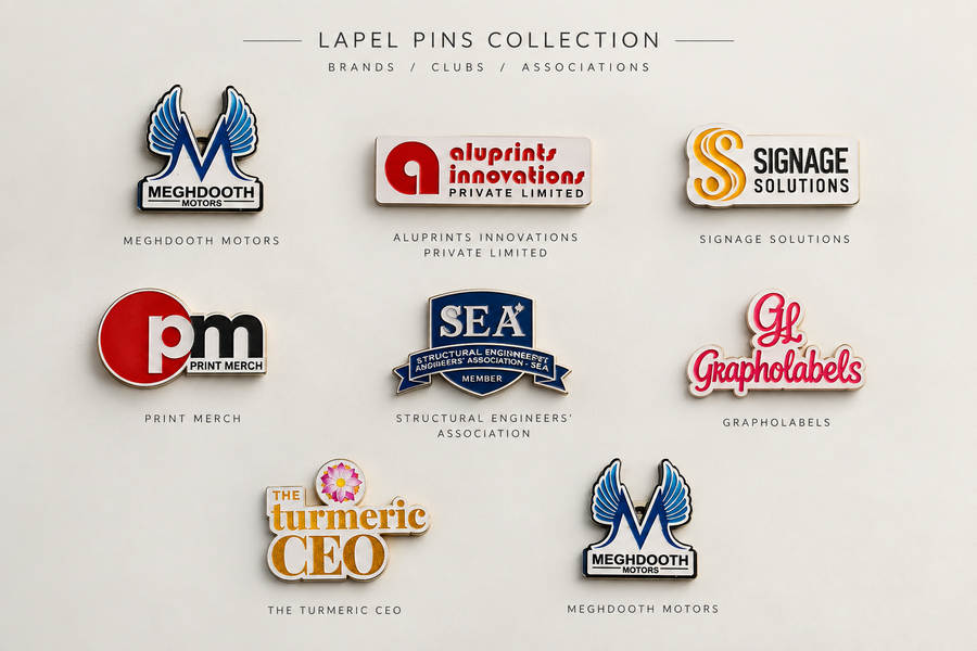 Custom badges and lapel pins with company logos in metal and MDF