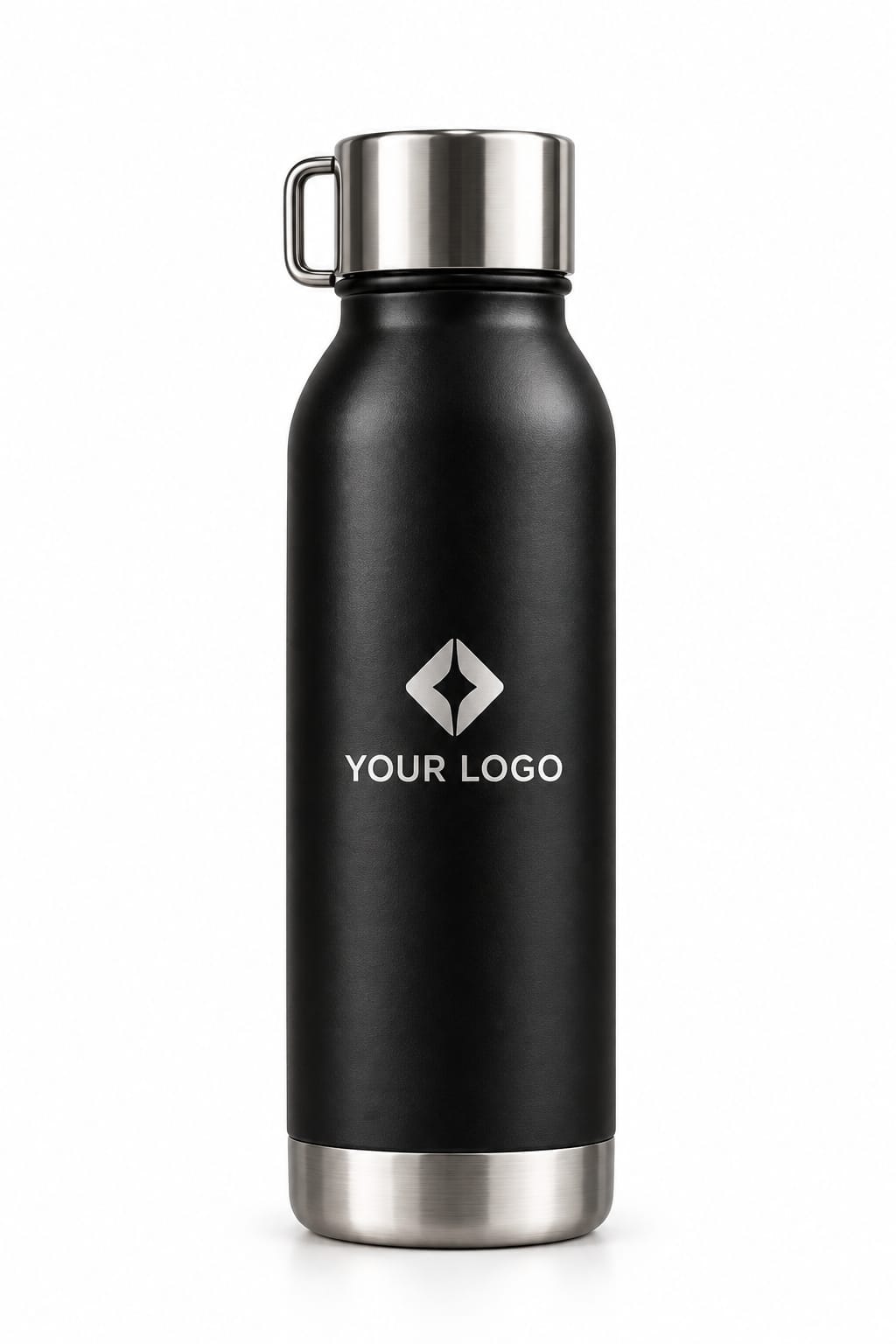 Custom black 750ml vacuum insulated steel water bottle engraved with company logo