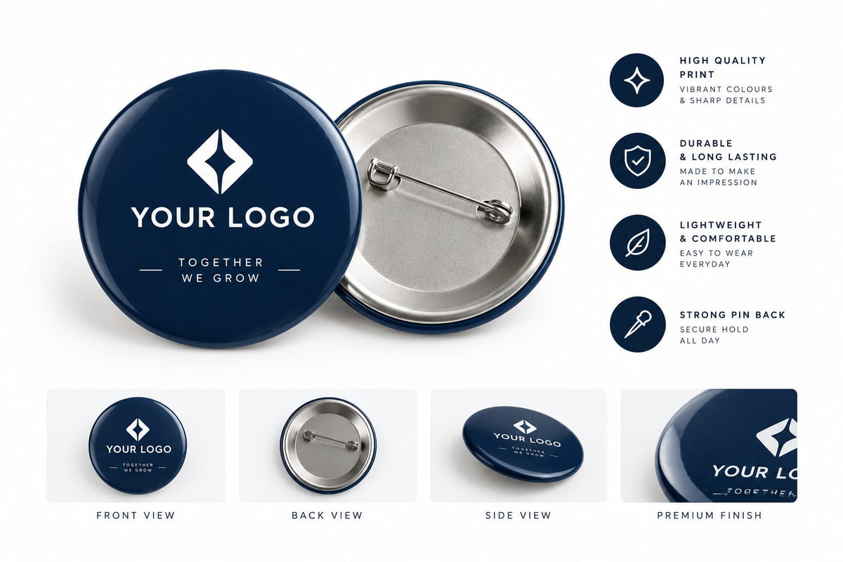 Custom printed 2.25 inch round button badge with logo, front, back and side view