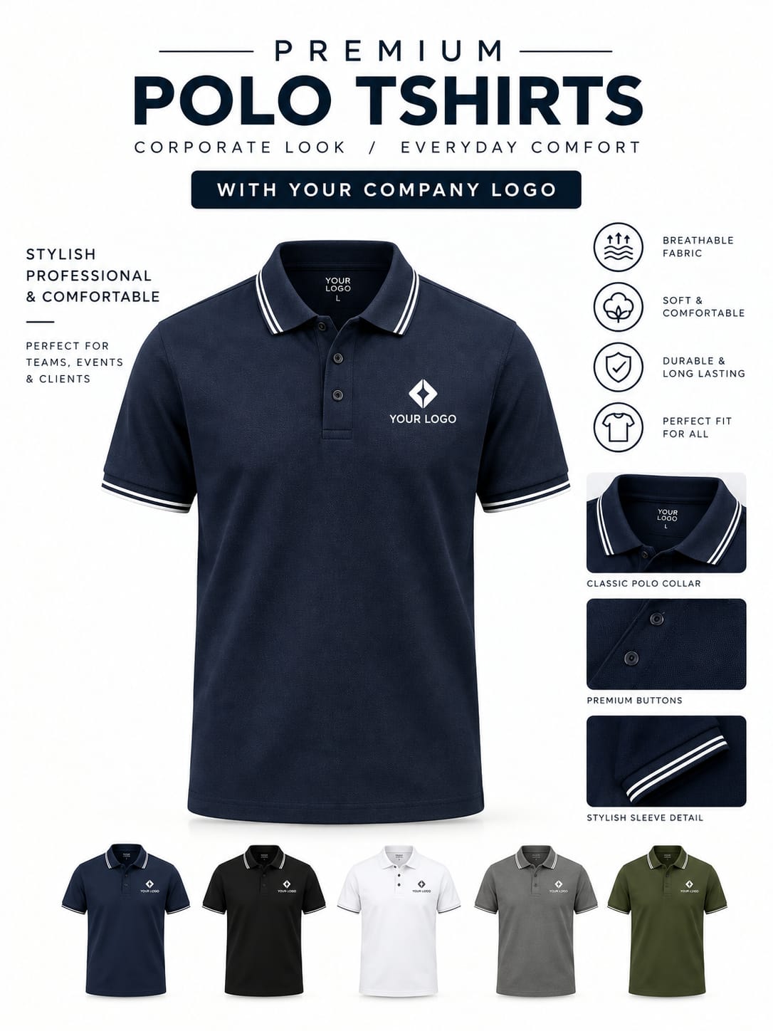 Custom printed navy pique polo t-shirt with company logo on the left chest