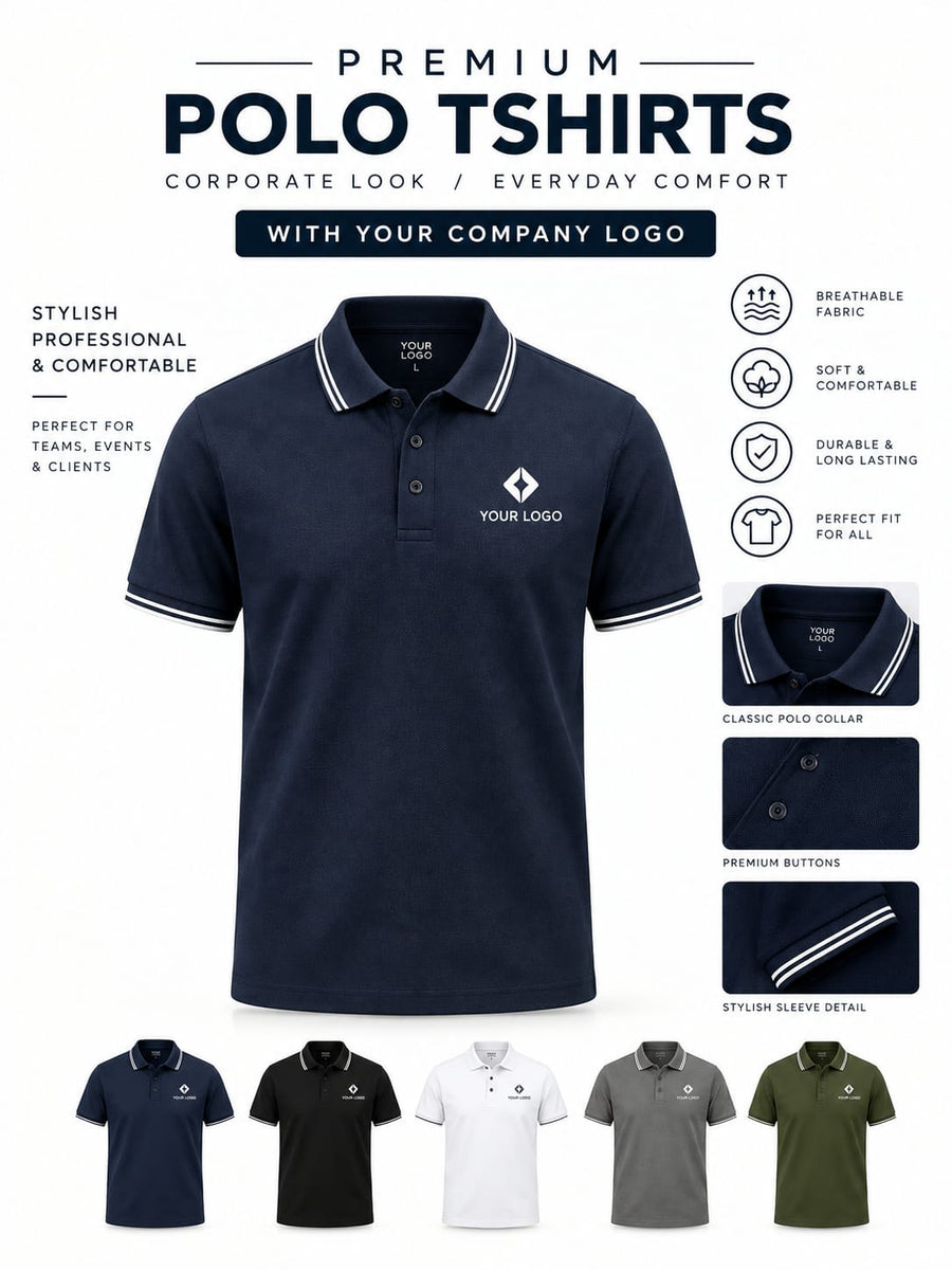 Custom printed navy pique polo t-shirt with company logo on the left chest